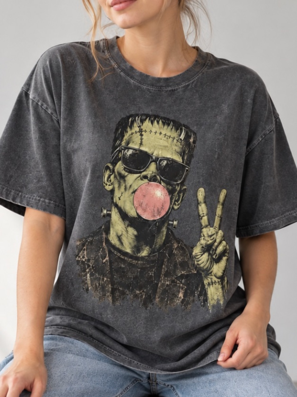 Comfort Colors Black Graphic Frankenstein Tee with Pink Bubble